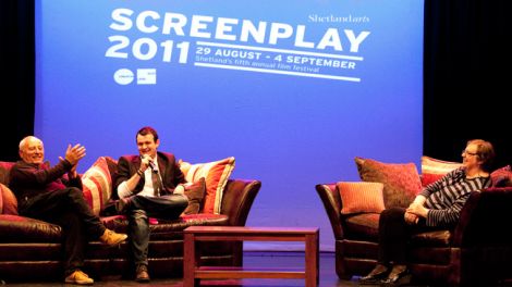 Film maker Dave Hammond, score composer Liam Irvine and Shetland Arts head of development Kathy Hubbard during the Q&A session following the film. Pic. Billy Fox