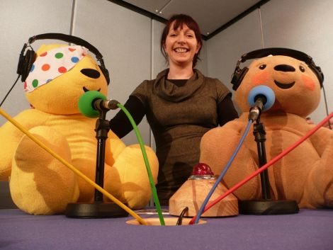 Studio assistant Helen Smith with the Children in Need mascots Pudsey (left) and Blush - Photo: Pete Bevington