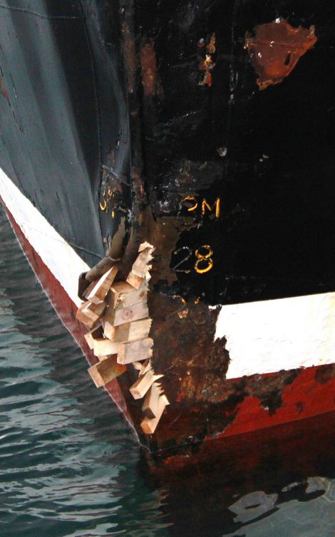 Detail of the damage to the Rosemount, now berthed at Lerwick Harbour - Photo: Valian