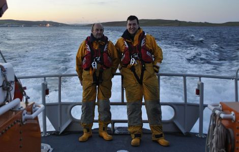 Tommy Goudie and Grant Masson on board the Lerwick lifeboat during a recent exercise - Photo: RNLI Lerwick