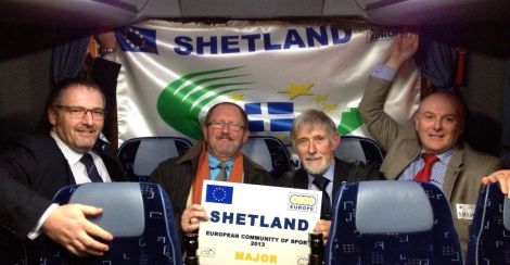 'We won!' The Shetland delegation celebrate receiving the European Community of Sport 2013 award. From left: SIC leader Gary Robinson, leisure centre architect Allan White, SRT chairman Joe Irvine & SRT general manager James Johnston. Pic. SRT