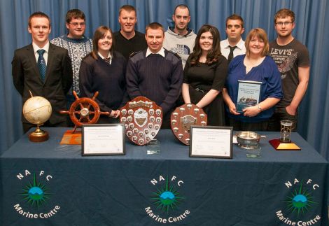 The prize winners were: (back row,left to right): James Arthur Shearer (Tranquillity - Jeanette Williamson Prize for Class 2 Fishing ), Grant Johnson (Island Innovations - Forbes Watt Prize for Navigation), Christopher Strmsek (SIC Infrastructure - NAFC Marine Centre Engineering Modern Apprentice of the Year), Steven Boyd (Marineco UK - Northern Lighthouse Board (Engineer Cadet) prize), Magnus Scott (Blueshell Mussels - Jim Thomas memorial prize).Front row, left to right): Ryan Trumpess (Norbulk Shipping/Clyde Marine - Clyde Marine Prize for the best deck cadet), Jamie Lee Jennings (North Star Shipping/SSTG - Northern Lighthouse Board (Deck Cadet) prize), Adam Thomson (Gulf Offshore/Clyde Marine - Bells Nautical Trust Prize for outstanding effort by a deck cadet), Jerry Gibson (NorthLink Ferries/Clyde Marine - Clyde Marine Training Prize), Mary Stewart on behalf of Tammy Stewart (Solstad Offshore UK - Nautical Institute Prize for a first year deck cadet) - Photo: Ben Mullay for NAFC Marine Centre.