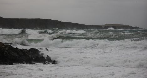 Saturday's stormy conditions pictured here in Norwick, Unst, are to be repeated over the next five days. Pic. Heather Gray