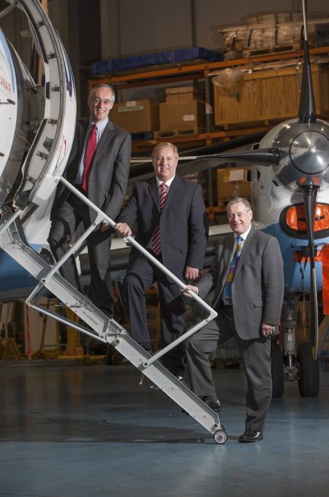 All aboard. New chairman David Harrison, chief executive Stewart Adams and chief operating officer Phil Preston at Glasgow airport