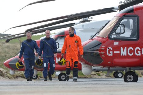 Top guns (left to right) Capt Mark Coupland, Capt Gary Queen and Capt Glen Oldbury who flew the new Sikorsky S-92 helicopters into Sumburgh airport on Saturday afternoon - Photo: Malcolm Younger/Millgaet Media.