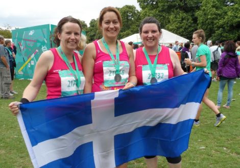 Shetland sisters (from left) Clare Inkster, Louise Fraser and Katherine Nisbet fly the flag for Shetland at the Nike+ half marathon.