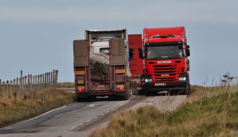 Two low loaders pass on the A970 coming too and from the Sumburgh airport runway extension. Photo Ronnie Robertson