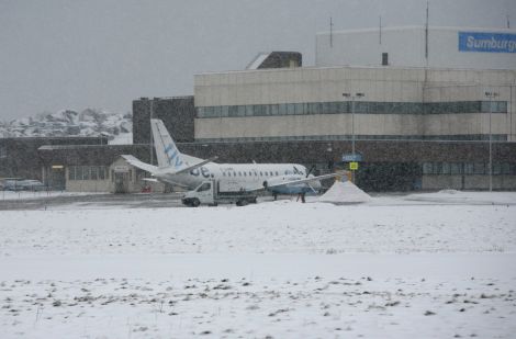 Snowy conditions at Sumburgh Airport on Saturday. Photo: Douglas Young