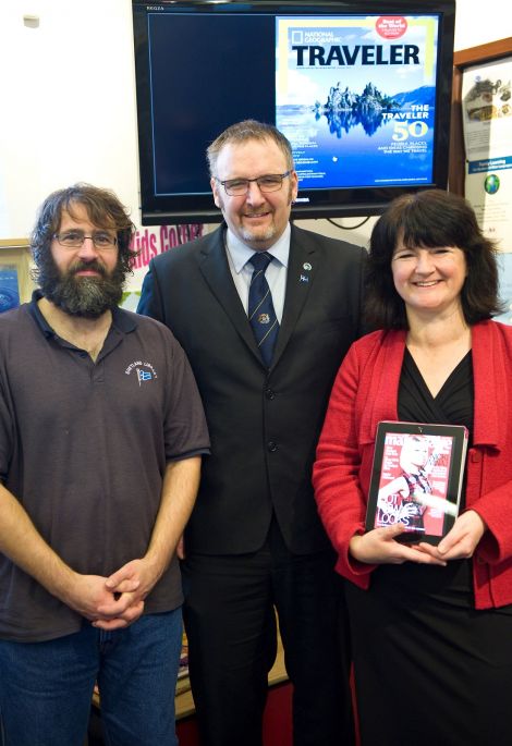 From left to right: Shetland Library systems officer David Thomson, council leader Gary Robinson and library manager Karen Fraser.