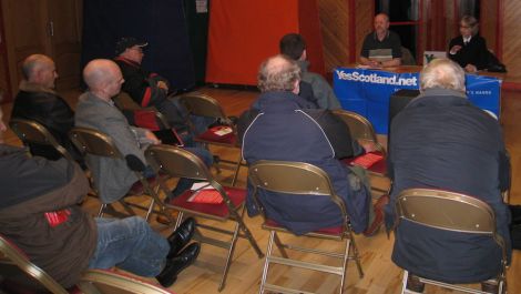 Around 15 people, predominantly men, turned up at Hamnavoe public hall to hear Jean Urquhart MSP argue in favour of Scottish independence. Photo Louise Thomason