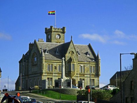 The rainbow flag flying proudly above Lerwick Town Hall on a sunny Friday. Photo: John Anderson.