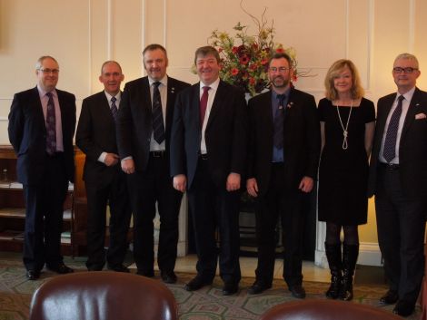 From left to right: Malcolm Burr and Norman Macdonald of Comhairle nan Eilean Siar, SIC political leader Gary Robinson, Northern Isles MP Alistair Carmichael, Orkney Islands Council leader Steven Heddle and corporate services director Gillian Morrison, and SIC chief executive Mark Boden.