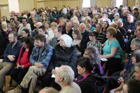 Five times the number of people expected turned up at Hillswick public hall to support the closure-threatened Urafirth and North Roe primary schools. Photo Shetnews