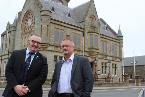 The leader and his deputy. Gary Robinson and Billy Fox on the first day of their new working relationship steering the council through choppy waters. Photo Shetnews.