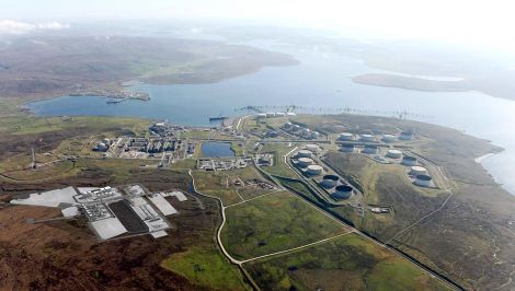 An aerial view of the Sullom Voe Terminal.