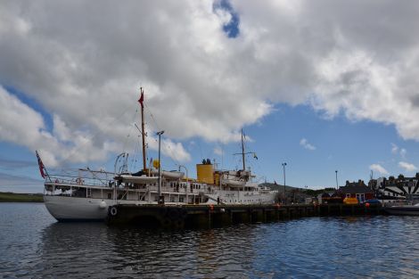 The royal yacht Norge tied up on the outer arm of Victoria Pier on Friday. Photo: Shetnews
