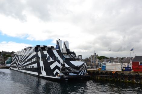 88-cabin 'zebra' vessel Sans Vitesse, one of several accommodation ships and barges currently in Lerwick. Photo: Shetnews