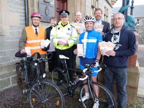 Promoting the new leaflet on cycling safety in Shetland at Lerwick Town Hall (left to right): Arwed Wenger of Lerwick Community Council; Elaine Skinley, road safety officer; police inspector Lindsay Tulloch; councillor Steven Coutts; Robin Atkinson of Shetland Wheelers; councillor Michael Stout; and Colin Smith of Shetland Wheelers. Photo courtesy of SIC.