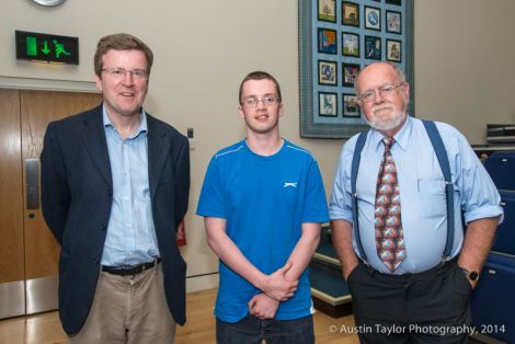 17-year old Aidan Redpath with Professor Charles Cockell, University of Edinburgh and Professor John C Brown, Astronomer Royal for Scotland. Photo: Austin Taylor