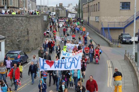 Campaigners protesting against secondary school cuts took to the streets of Lerwick in June. Photo: Shetnews