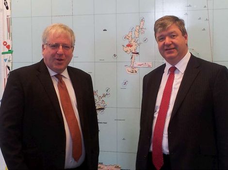 Transport minister Patrick McLoughlin and Northern Isles MP Alistair Carmichael on a visit to Shetland last year. Photo: Neil Riddell