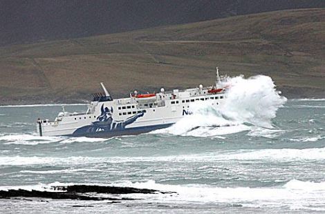 The Orkney ferry Hamnavoe heads out into rough seas on Friday during a lull in the weather. Photo Cecil Garson