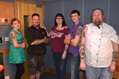 Comparing their tattoos are (from left) Carly Sutherland, Dirk Robertson, Sheila Johnston, Luke Aquilina and Glynn Wright - Photo: BBC