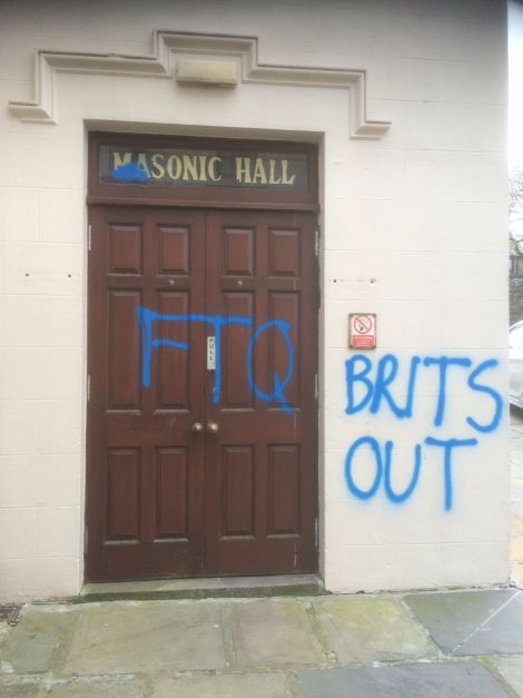 Irish nationalist graffiti sprayed across the front of the Lerwick Masonic Hall. Photo Neil Robertson