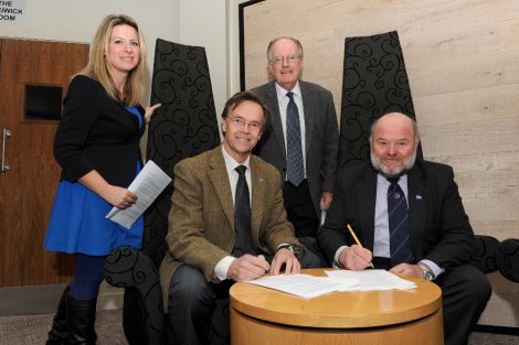 The signing of the memorandum of understanding between Vattenfall, Shetland Islands Council and Shetland Charitable Trust in November 2011.. From Left to right : Katrina Wiseman HIE, Veijo Huusko Vattenfall, Bill Manson, the chairman of SCT; and Alistair Cooper, SIC - Photo: Malcolm Younger/Millgaet Media/HIE