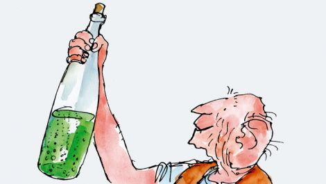 The Quentin Blake's picture of the Big Friendly Giant with a bottle of frobscottle that tends to induce whizzpopping in Roald Dahl's famous book.