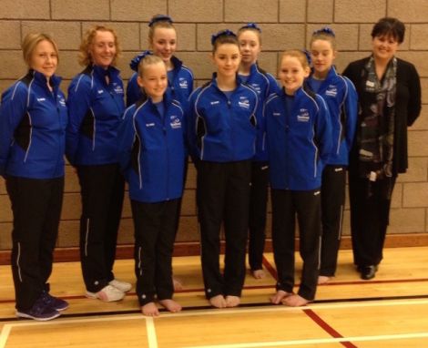 The Shetland gymnasts heading for Ynys Mon this weekend with their sponsor Seafood Shetland's chief executive Ruth Henderson (far right) are: Back (l-r) Julie Grant, Fiona Greive, Hannah Robertson, Sophie Grant, Evie Craigie. Front (l-r) May Young, Mhia Mouat and Arwen Greive.