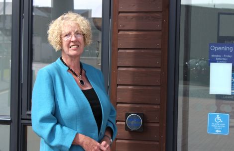 Housing minister Margaret Burgess during a visit to Shetland two years ago - Photo: ShetNews