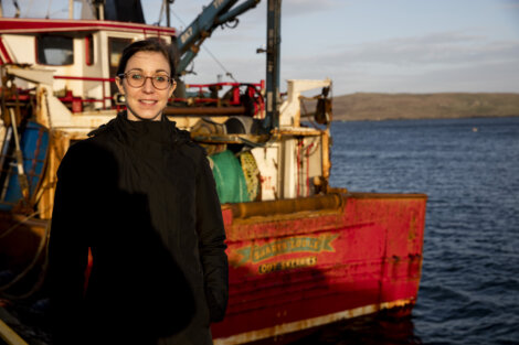 Shetland Fishermen's Association's new policy adviser Maria Aira Martin getting used to a closer climate in Lerwick harbour.