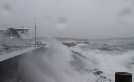 Ulsta Ferry terminal in Yell bearing the brunt of Friday's storm. Photo: Robert Odie