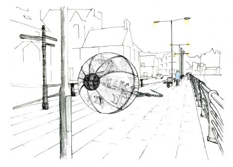 An artist's illustration of Da Lightsome Buoy at Lerwick waterfront.