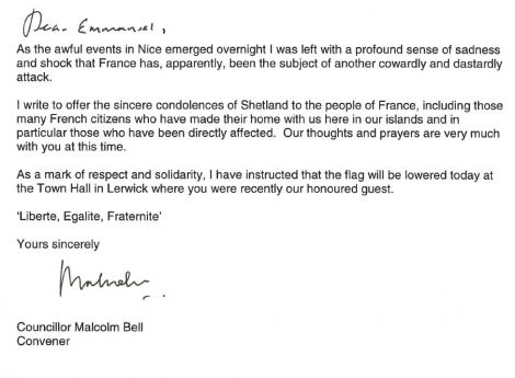 Malcolm Bell's letter to Consul General of France Emmanuel Cocher, who visited Shetland in May to celebrate the opening of the Total Gas Plant. 