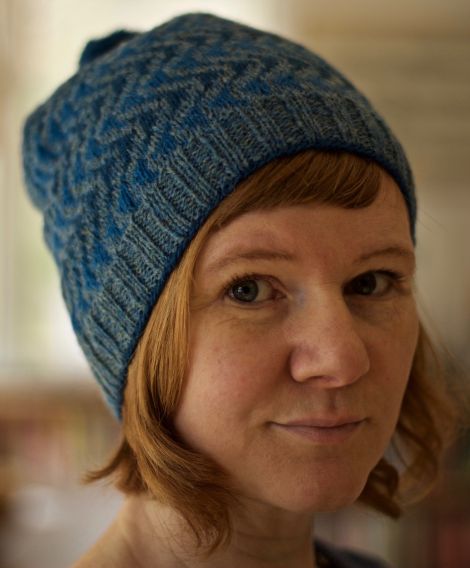 Gudrun Johnston wearing this year's Wool Week hat, her Bousta Beanie.