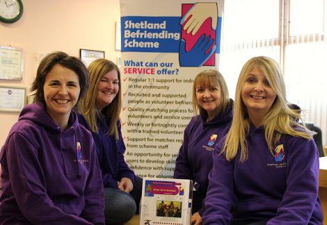 Shetland Befriending Scheme are (from left to right): Lynn Tulloch, project co-ordinator; Laura Russell, ASN development worker; Mairi Jamieson, young adults development worker and Elaine Nisbet, 60+ development worker. Missing from the photo is Amanda Brown, children and young people’s development worker. Photo: Hans J Marter/ Shetland News