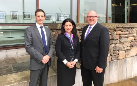 Eastern Airways' Mathew Herzberg with Flybe's chief executive Christine Ourmieres-Widener and chief revenue officer Vincent Hodder. Photo: Shetland News/Neil Riddell.