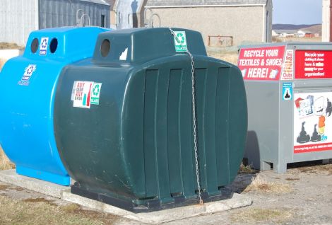 Recycling bins in Hillswick. While glass would continue to be collected at communal points, most other recyclable materials would be collected from households under the new plans.