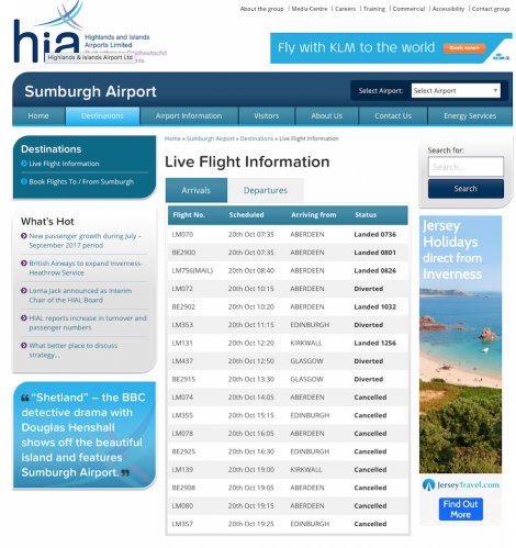 A screenshot of the Sumburgh Airport website