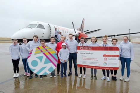 Loganair commercial director Kay Ryan with Year of Young People ambassador Sonny Thomason (centre) with other local ambassadors.