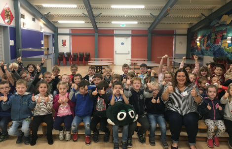 Group photo of Whalsay primary 1-3 pupils at the NSPCC Speak Out Stay Safe assembly.