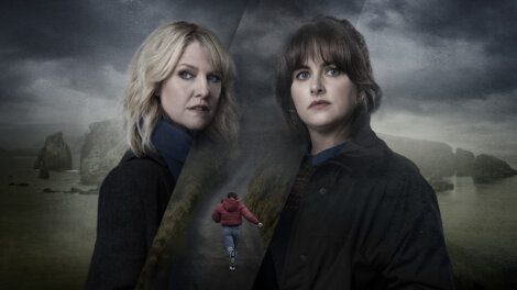 Promotional image for a dramatic series featuring two female leads, with a somber coastal background and a solitary figure walking away.