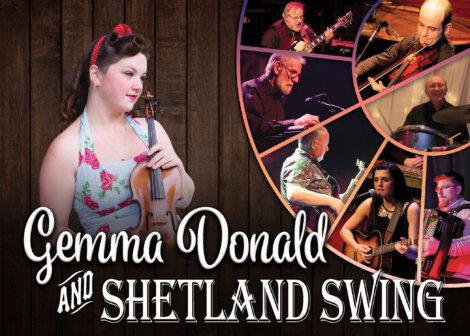 A collage promoting gemma donald and shetland swing, featuring a female violinist and various band members performing.
