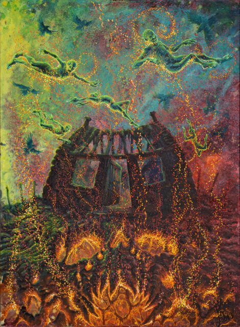 A painting of a building on fire.