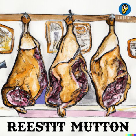 A drawing of meat hanging on a rack with the words resit mutton.