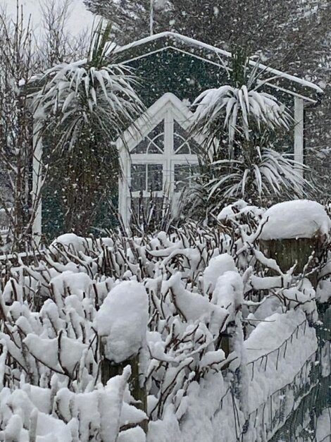 A house covered in snow with a fence in the background.