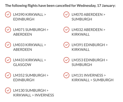 The following flights have been cancelled from edinburgh to scotland.