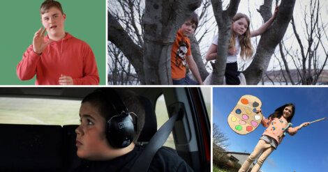 A collage of four images featuring children in different settings: a boy signing in front of a green background, two children playing in a tree, a boy with headphones sitting in a car, and a girl holding a paint palette outside.